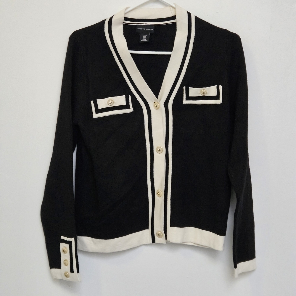 Adrienne Vittadini Sz S Nautical Stripe Black& Cream Gold Button Cardigan Nwot